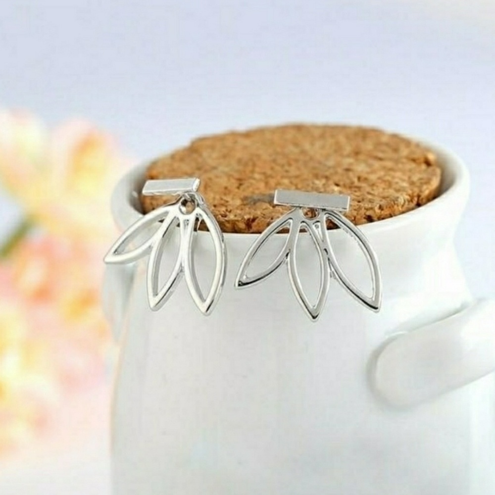 Silver Tone Bar Lotus Jacket earrings - Picture 4 of 6